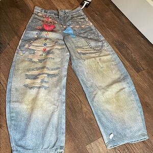 Embellished Blue Wide Leg Jeans